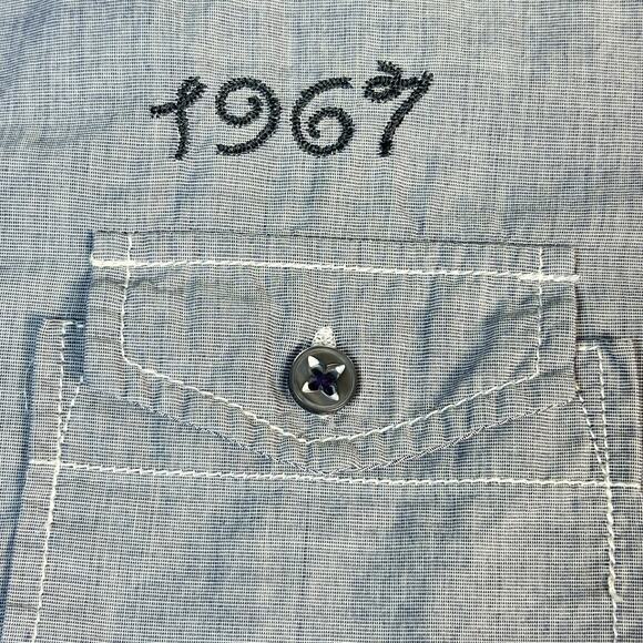 Projek Raw Shirt Mens sz M Button Up Short Sleeve Blue Embroidered Remember 1967 - Picture 6 of 11